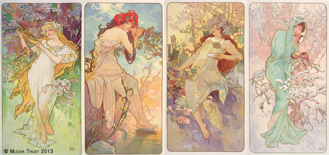 “The Seasons: Spring, Summer, Autumn, Winter,” 1896, color lithograph, by Alphonse Mucha.    Mucha Foundation/Seoul Arts Center