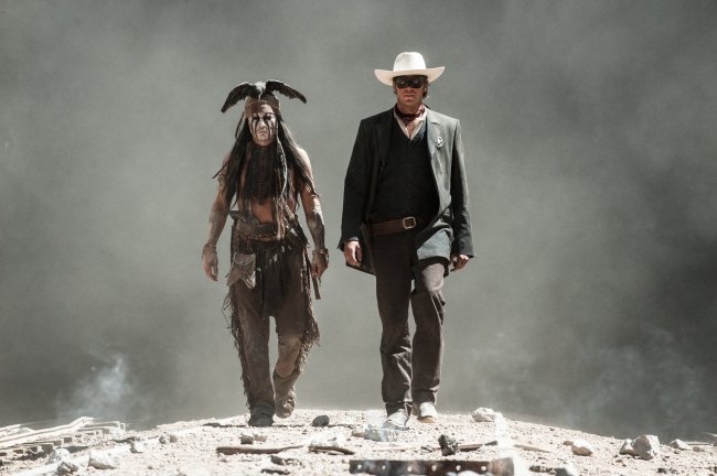 A scene from “The Lone Ranger,” in which Johnny Depp (left) and Armie Hammer appears.   MCT