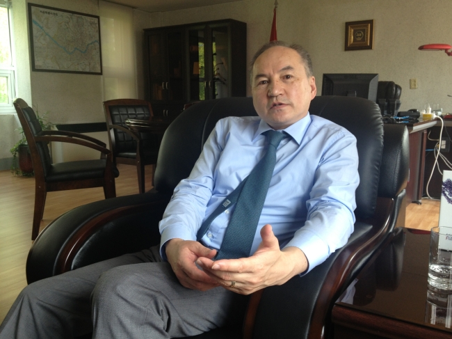 Mongolian Ambassador to Korea Baasanjav Ganbold speaks during an interview with The Korea Herald at his office in Hannam-dong, Seoul, on July 1. (Philip Iglauer/The Korea Herald)