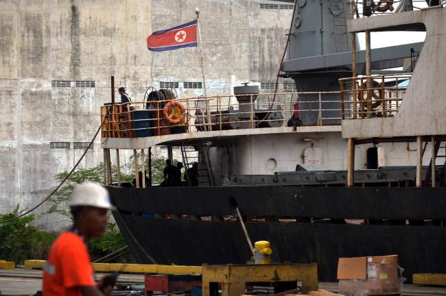 The North Korean vessel Chong Chon Gang at Manzanillo harbor in Colon, Panama, Tuesday.   AFP-Yonhap News