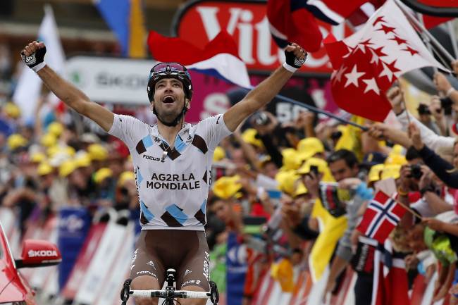 France’s Christophe Riblon celebrates as he crosses the finish line of the 18th stage of the Tour de France on Thursday.    AFP-Yonhap News