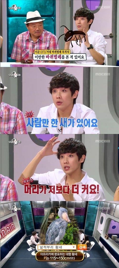 이준(이창선/가수/영화배우/엠블랙)
이준은 지난 24일 방송된 MBC ‘황금어장-라디오스타’에서 자신이 겪은 기이한 일들에 대해 설명하며 넓적부리황새, 바퀴벌레 등을 언급했다.