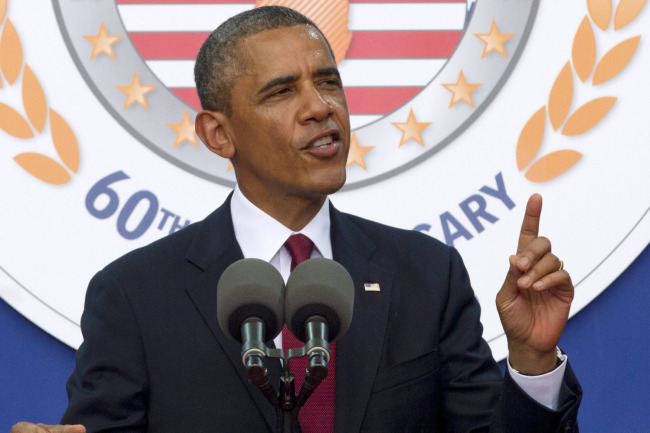 President Barack Obama speaks on the 60th anniversary of the end of the Korean War at a commemorative ceremony in Washington on Saturday. (AP-Yonhap News)