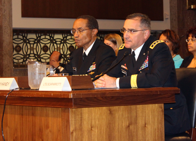 Army Lt. Gen. Curtis Scaparrotti, a U.S. Forces Korea commander nominee, talks during a Senate confirmation hearing Tuesday. (Yonhap News)