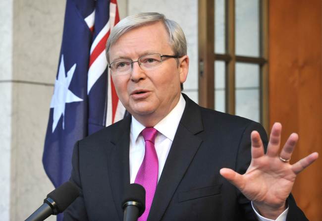 Australia’s Prime Minister Kevin Rudd addresses the media after calling a general election in Canberra on Sunday.   AFP-Yonhap News