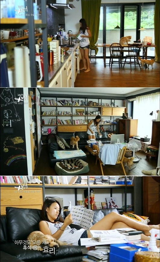 이효리(가수/핑클)
이효리는 거실을 낡은 느낌의 검은색 소파와 책꽂이로 꾸며 편안한 분위기를 연출했다. 또 바닥을 나무소재로 만들고, 집 안 곳곳에 독특한 소품을 이용해 아늑한 인테리어를 완성했다.