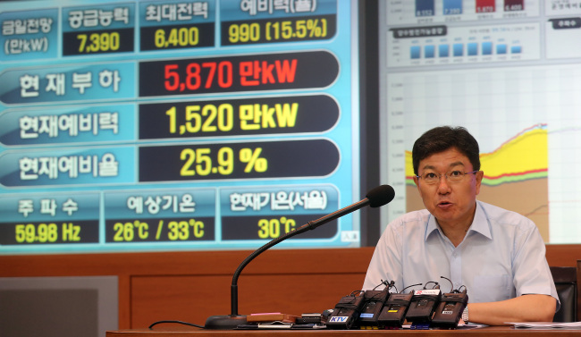 Trade, Industry and Energy Minister Yoon Sang-jick speaks Sunday at the emergency electricity supply meeting in the state-run power supplier KEPCO’s headquarters in southeast Seoul. The meeting was attended by heads of key energy-related organizations including KEPCO president Cho Hwan-eik and the Korea Power Exchange CEO Nam Ho-ki.    Yonhap News