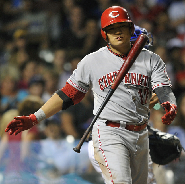 추신수(야구선수/신시내티레즈외야수)
Cincinnati Reds center fielder Choo Shin-soo reacts after striking out in the sixth inning on Monday. The Korean went 0 for 3.   AP-Yonhap News