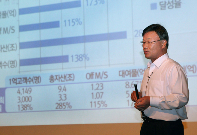 김원규(금융인/우리투자증권대표이사사장)
김원규 우리투자증권 사장이 지난 19일 서울 강남지역본부에서 열린 하반기 목표 달성 결의대회에서 직원들을 대상으로 회사 현황과 향후 전략에 대해 직접 프레젠테이션을 하고 있다.