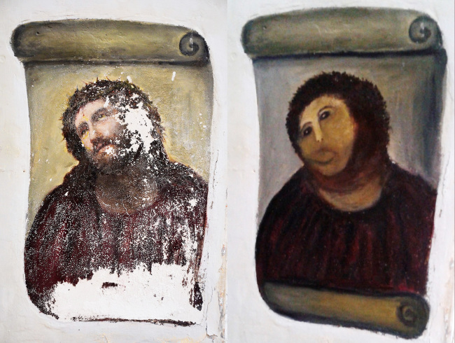 This combination of two undated handout photos shows the 20th-century Ecce Homo-style fresco of Christ (left) and the “restored” version.   AP-Yonhap News