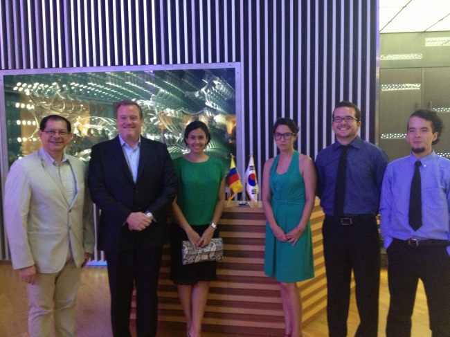 Ecuadorian Ambassador to South Korea Nicolas Trujillo (second from left) poses for a photo during a reception after a concert at Ilshin Hall in Seoul on Friday. From left are: Jorge Icaza, Consul at the embassy; Trujillo; Vanessa Passailaigue, the ambassador wife; Cecilia Gutierrez, a diplomat at the embassy; and musicians Simon and Tadeo Gangotena. (Philip Iglauer/The Korea Herald)