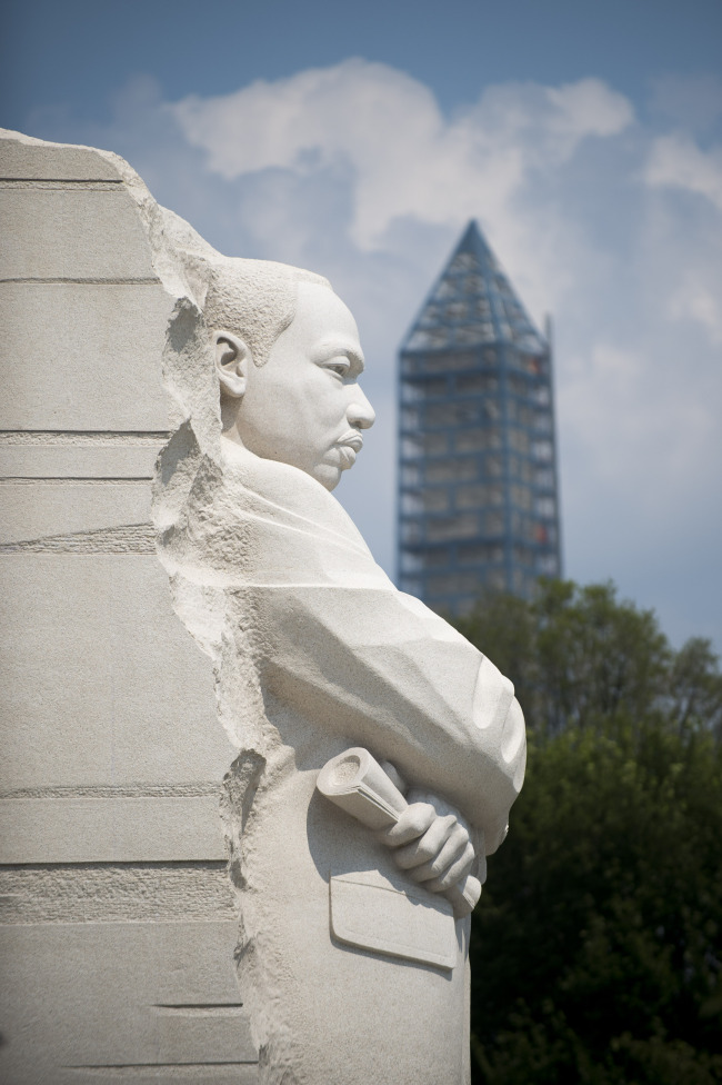 The Martin Luther King Jr. Memorial is seen a day before the 50th anniversary of the March on Washington, in Washington D.C., Tuesday.   UPI-Yonhap News