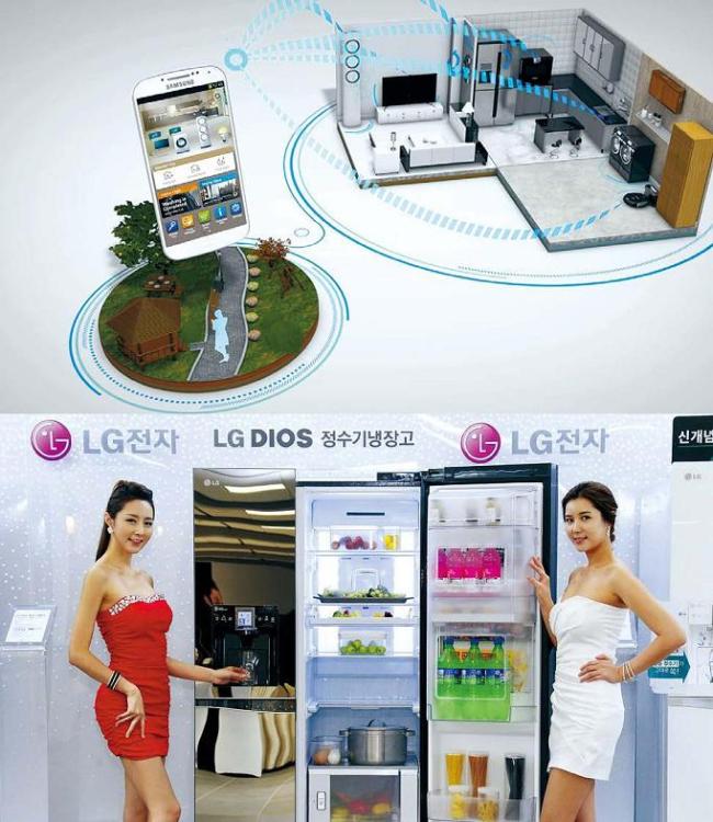 Samsung Electronics’ Smart Home System (top photo) and LG Electronics’ new refrigerator model equipped with a water purifier. (Samsung Electronics, Park Hae-mook/The Korea Herald)