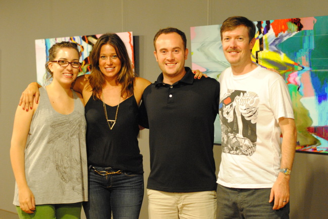 (B)racket magazine staff (from left) Lisa Highfill, Sharon Reichstadter, Chris Cote and Jess Hinshaw pose while preparing for the magazine’s (b)list exhibition that opened Tuesday. Cote and Hinshaw have work on display in the show.   (b)racket