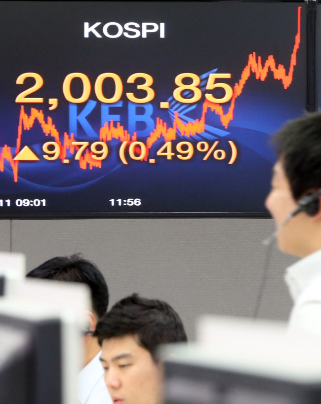<YONHAP PHOTO-1462> 3개월여 만에 2,000선 돌파한 코스피 (서울=연합뉴스) 최재구 기자 = 코스피가 3개월여 만에 2,000선을 돌파한 11일 서울 명동 외환은행에서 직원들이 업무를 보고 있다. 코스피는 11일 현재 전 거래일보다 9.79포인트(0.49%) 높은 2,003.85로 거래를 마쳤다. 2013.9.11 jjaeck9@yna.co.kr/2013-09-11 16:12:00/ <저작권자 ⓒ 1980-2013 ㈜연합뉴스. 무단 전재 재배포 금지.>
Korea Exchange Bank officials monitor the stock index that broke the 2,000 mark on Wednesday.   Yonhap News
Korea Exchange Bank officials monitor the stock index that broke the 2,000 mark on Wednesday.   Yonhap News