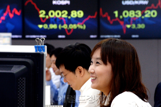 전날 코스피 지수가 2,000포인트를 넘은 가운데 12일 주식시장이 2,000 포인트에서 오르락 내리락을 반복하며 약진하고 있다. 외환은행 딜링룸에서 외환 딜러들이 주가 추이를 지켜보며 거래를 하고 있다./안훈기자 rosedale@ 2013.09.12
전날 코스피 지수가 2,000포인트를 넘은 가운데 12일 주식시장이 2,000 포인트에서 오르락 내리락을 반복하며 약진하고 있다. 외환은행 딜링룸에서 외환 딜러들이 주가 추이를 지켜보며 거래를 하고 있다./안훈기자 rosedale@ 2013.09.12