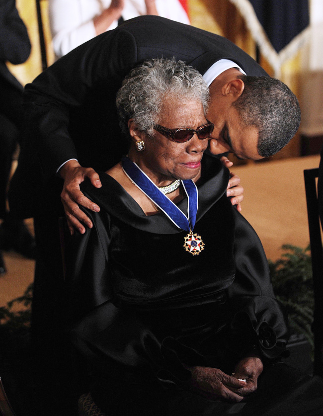 U.S. President Barack Obama awards Maya Angelou the 2010 Medal of Freedom in a ceremony in the East Room of the White House, Feb. 15, 2011, in Washington, D.C.   Abaca Press/MCT