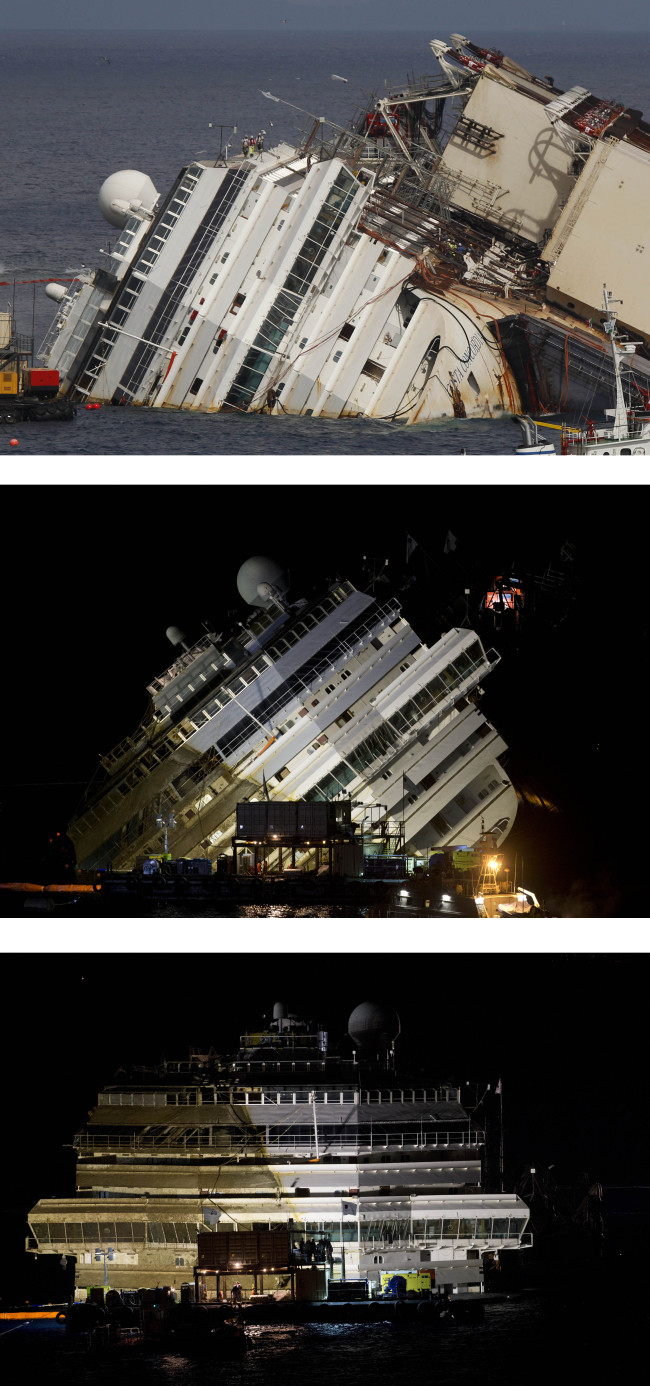 GIGLIO ISLAND, Italy (AP) ― Engineers declared success on Tuesday as the Costa Concordia cruise ship was pulled completely upright during a complicated, 19-hour operation to wrench it from its side where it capsized last year off Tuscany, an unprecedented feat that sets the stage for it to be towed away next year.
