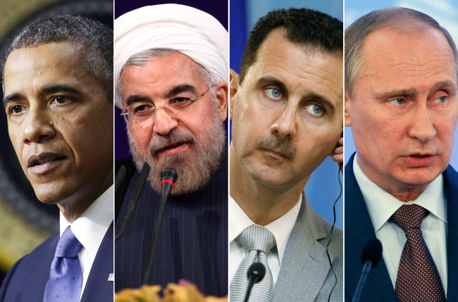 This combination of file photos shows (from left) President Barack Obama, Iranian President Hasan Rouhani, Syrian President Bashar Assad and Russian President Vladimir Putin.   AP-Yonhap News