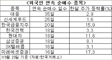 유가증권시장에서 24일까지 외국인이 무려 20거래일째 순매수를 보이는 가운데 이들이 꾸준히 사들인 종목은 수익률도 양호한 것으로 나타났다.