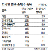 유가증권시장에서 24일까지 외국인이 무려 20거래일째 순매수를 보이는 가운데, 이들이 꾸준히 사들인 종목은 수익률도 양호한 것으로 나타났다.