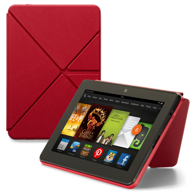 <YONHAP PHOTO-0776> This product image provided by Amazon.com on Tuesday, Sept. 24, 2013 shows the new 7-inch Amazon Kindle HDX tablet computer with the optional "Origami" cover that works as a stand and screen protector. Amazon has refreshed its line-up of tablets with new HDX devices, which are significantly faster and lighter than the previous generation. (AP Photo/Amazon.com)/2013-09-25 13:26:30/ <저작권자 ⓒ 1980-2013 ㈜연합뉴스. 무단 전재 재배포 금지.>
New 7-inch Amazon Kindle HDX tablet.   AP-Yonhap News