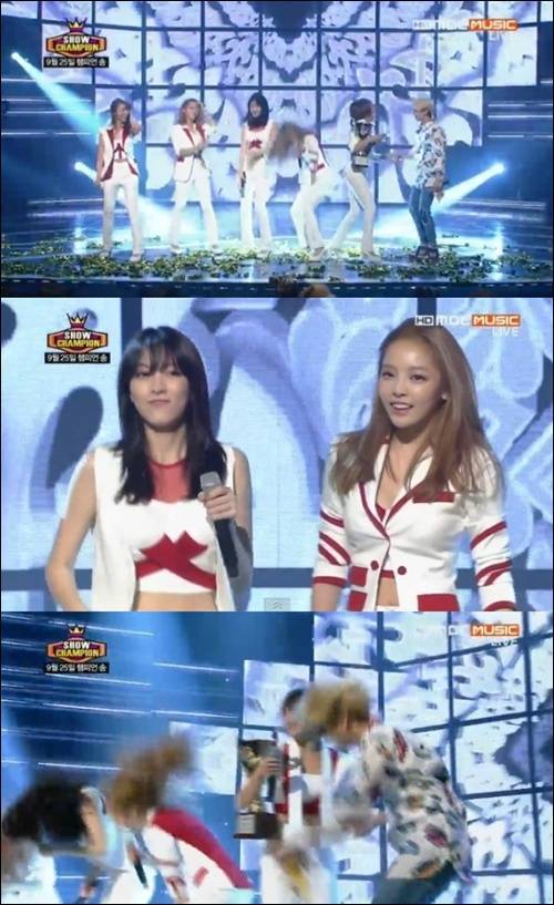 강지영(가수/카라),구하라(가수/탤런트/카라)
지난 25일 서울 유니클로 악스홀에서 진행된 케이블채널 MBC 뮤직 ‘쇼 챔피언’ 방송에서는 정규 4집 타이틀곡 ‘숙녀가 못돼’로 컴백한 카라가 1위를 차지했다.