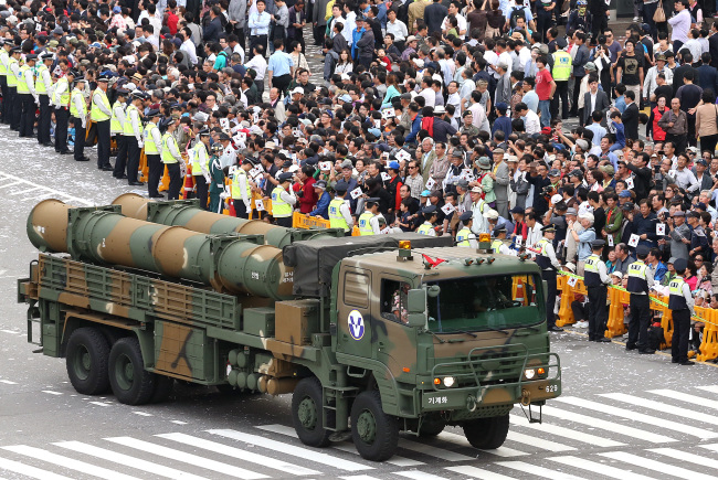 The Hyunmoo 3 missile is unveiled for the first time during the Armed Forces Day parade in Gwanghwamun, Seoul, Tuesday.  (Yonhap News)