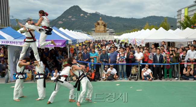 녹색교통주간의 마지막 날인 6일 서울 광화문삼거리에서 세종로사거리 차량이 통제돼  하이서울페스티벌 거리축제와 연계한 각종 문화 공연이 펼쳐지고 있는 가운데 태권도 시범단이 멋진 격파모습을 선보이고 있다.<br />김명섭 기자 msiron@heraldcorp.com
녹색교통주간의 마지막 날인 6일 서울 광화문삼거리에서 세종로사거리 차량이 통제돼  하이서울페스티벌 거리축제와 연계한 각종 문화 공연이 펼쳐지고 있는 가운데 태권도 시범단이 멋진 격파모습을 선보이고 있다.
김명섭 기자 msiron@heraldcorp.com
녹색교통주간의 마지막 날인 6일 서울 광화문삼거리에서 세종로사거리 차량이 통제돼  하이서울페스티벌 거리축제와 연계한 각종 문화 공연이 펼쳐지고 있는 가운데 태권도 시범단이 멋진 격파모습을 선보이고 있다.
김명섭 기자 msiron@heraldcorp.com
하이서울페스티벌 거리축제에 나선 태권도 시범단이 지난 6일 광화문광장에서 멋진 격파 모습을 보이고 있다. 녹색교통주간의 마지막 날인 6일은 서울 광화문삼거리에서 세종로사거리 차량이 통제돼 하이서울페스티벌 거리축제와 연계한 각종 문화공연이 펼쳐졌다. 김명섭 기자/msiron@