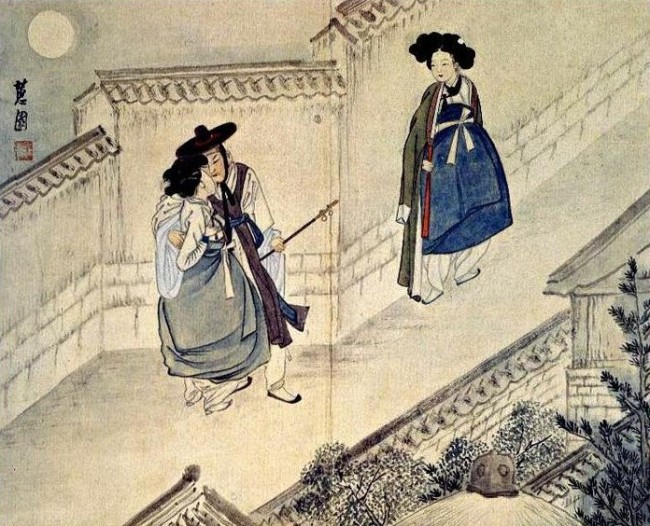둥실 뜬 보름달이 빛을 발하는 고요한 밤. 인적이 끊긴 담장 아래선 한 쌍의 남녀가 깊은 정(情)을 나누고 있다.