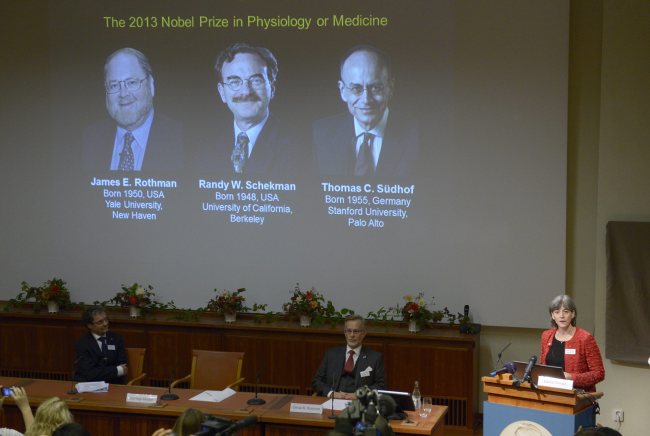 Karolinska Institute's Chairman of the Nobel committee for physiology or medicine Juleen Zierath talks, as images of James Rothman and Randy Schekman, of the US, and German-born researcher Thomas Suedhof are projected on a screen, in Stockholm, Sweden, Monday as they are announced as the winners of the 2013 Nobel Prize in medicine. (AP-Yonhap News)