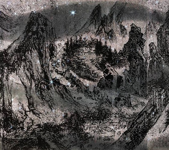 김종숙 ARTIFICIAL LANDSCAPE- Iridescence. 캔버스에 혼합재료, 스와로브스키 크리스털, 140x280㎝<부분>.  [사진제공=관훈갤러리]