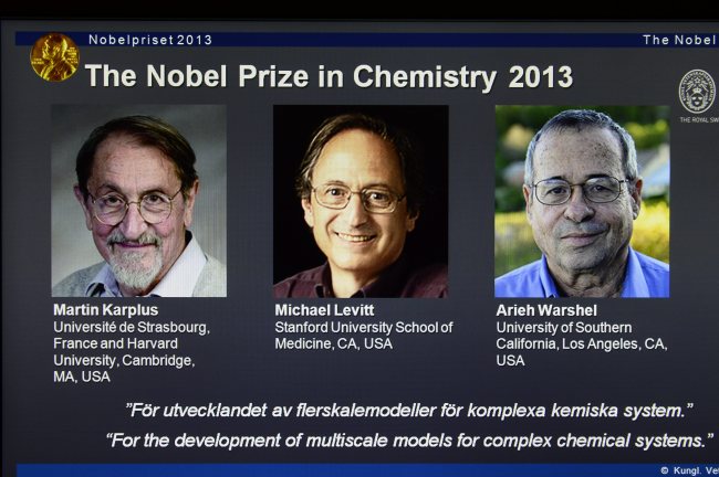 This Wednesday Oct. 9, 2013 photo shows a webpage showing the laureates Martin Karplus, Michael Levitt and Arieh Warshel as winners of the 2013 Nobel Prize in chemistry, announced by the Royal Swedish Academy of Sciences in Stockholm. The prize was awarded for laying the foundation for the computer models used to understand and predict chemical processes. (AP Photo/Claudio Bresciani)
