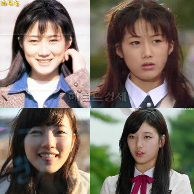 심은하(위부터/전영화배우),수지(배수지/가수/미쓰에이)
은퇴한 지 12년이 흘렀지만 여전히 팬들이 그리워하는 최고의 여배우 심은하는 1993년 MBC 22기 공채 탤런트로 데뷔했다. 이후 ‘마지막 승부’에서 장동건과 손지창의 사랑을 한 몸에 받는 정다슬 역으로 단숨에 인기 여배우에 등극하며 남성들의 첫사랑 아이콘으로 등극했다.