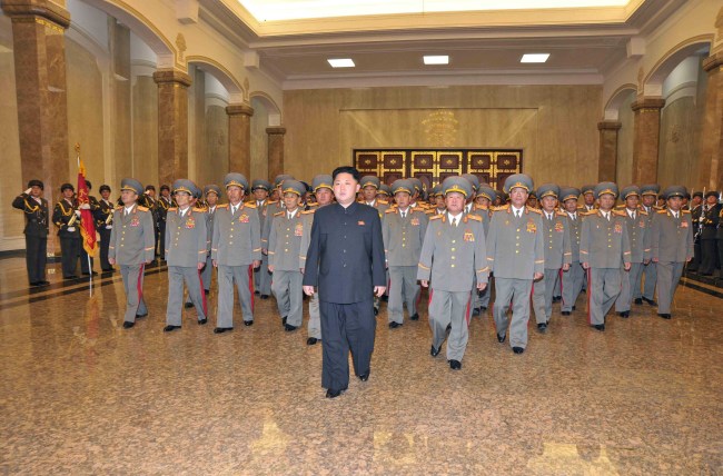 김정은(정치인/북한국방위원회제1위원장)
North Korean leader Kim Jong-un and high-level officials visit Geumsusan Palace of the Sun, a mausoleum where the embalmed bodies of former leaders Kim Il-sung and Kim Jong-il lie in state, in Pyongyang on Thursday to mark the 68th anniversary of the Workers’ Party.   (Yonhap News)