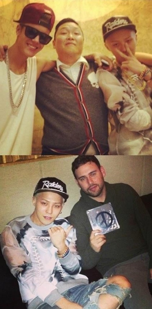저스틴비버(좌부터/JustinBieber/가수),싸이(박재상/가수/음악PD),지드래곤(권지용/가수/음악PD/빅뱅/GD&TOP),스쿠터브라운(ScooterBraun/연예기획자)
팝스타 저스틴 비버는 씨이와 지드래곤의 소속사인 YG 사내 식당을 방문한 뒤 트위터에 “재미있었다”는 글을 남겼다. 저스틴 비버의 YG식당 방문 사실은 지난 8일 연예기획자 스쿠터 브라운이 트위터에 올린 사진 때문에 알려졌다.