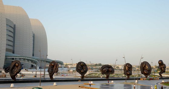 British artist Damien Hirst’s “The Miraculous Journey” (2005-2013), consisting of 14 large-scale bronze sculptures that chart the gestation of a fetus from conception to birth, is unveiled outside the new Sidra Medical and Research Centre in Doha, Qatar.   Nadine Al Koudsi  QMA and Damien Hirst/Science Ltd.