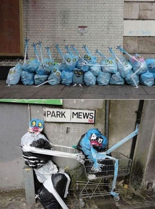 쓰레기 봉투가 설치 예술로 변신한 모습이 화제다.
