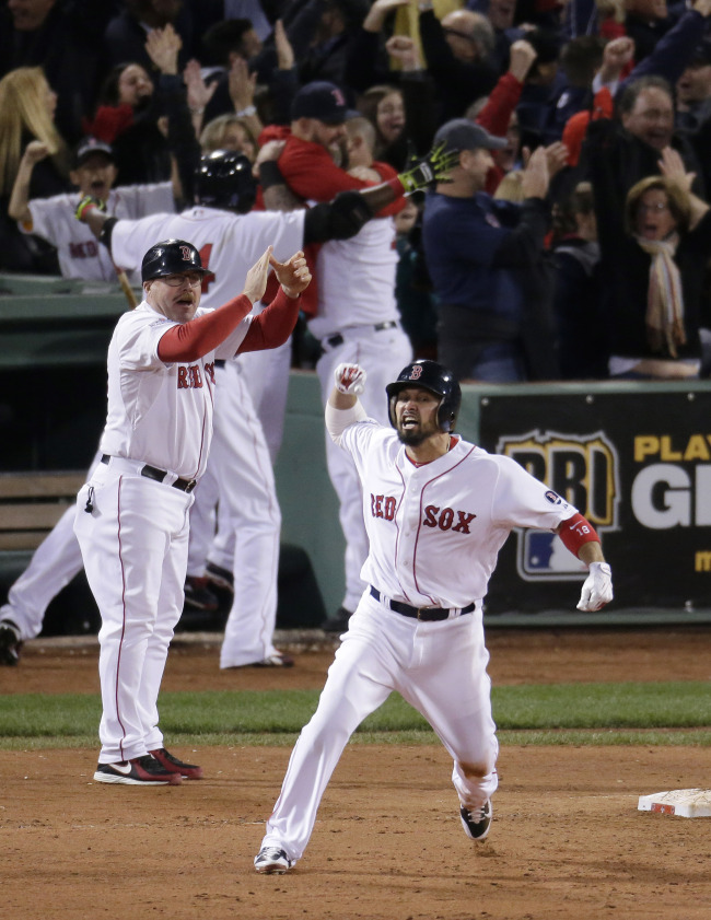 Boston Red Sox outfielder Shane Victorino celebrates his grand slam against the Detroit Tigers on Saturday. AP-Yonhap News