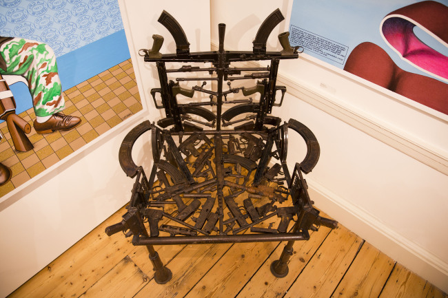 Mozambican artist Goncalo Mabunda’s “The Zuma Throne,” made from recycled weapons and metal, is displayed in the “1:54 Contemporary African Art Fair” at Somerset House in London, Oct. 17.   AP-Yonhap News