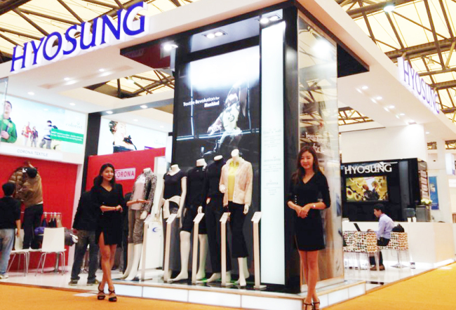 The Creora exhibition booth run by Hyosung during the Intertextile Shanghai Apparel Fabrics 2013 that opened on Monday.   Hyosung Group
