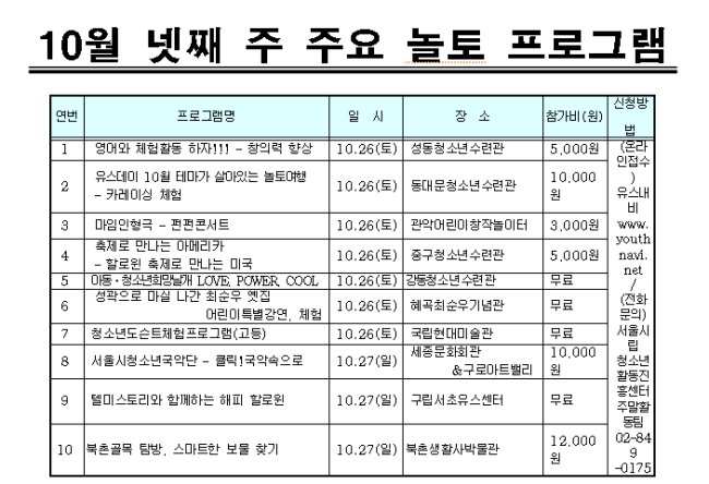서울시는 이달 넷째 주 지역 청소년시설에서 즐길 수 있는 다양한 놀토프로그램 10선을 선정해 소개했다.