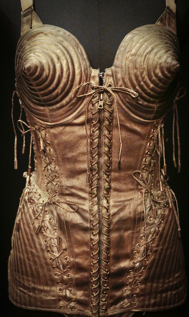 A design from Jean Paul Gaultier worn by Madonna, is previewed during the installation of Brooklyn Museum’s “The Fashion World of Jean Paul Gaultier: From the Sidewalk to the Catwalk” on Oct. 22 in New York.  AP-Yonhap News