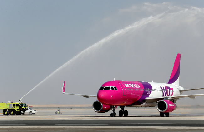 Wizz Air lands at the newly opened Al Maktoum International Airport in Dubai on Sunday.   AP-Yonhap News