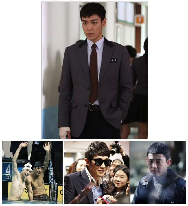 탑(위부터/최승현/가수/영화배우/빅뱅/GD&TOP),이종석(모델/탤런트),서인국(가수/탤런트),이준(이창선/가수/영화배우/엠블랙),유아인(엄홍식/탤런트/영화배우)
한 영화관계자가 오는 30일 개봉하는 ‘노브레싱’을 두고 한 말이다. 지난 22일 서울 왕십리CGV에서 열린 이 영화의 언론배급 시사회 후 만난 또 다른 30대의 영화관계자는 “작품 자체는 별 게 없다, 개인적으로는 손발이 오그라드는 대사와 장면도 적지 않았고, 전반적으로 지루했다”면서도 “그래도 관객이 들 만큼은 들지 않겠느냐”며 흥행 가능성에 대해선 비교적 높은 점수를 줬다.