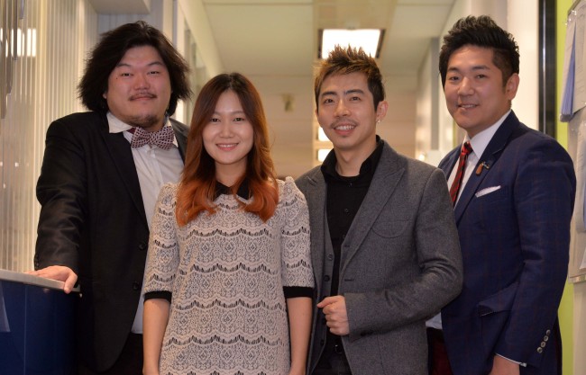 Members of the Mahogany Kings pose at the Sony Music headquarters in Seocho-dong, Seoul, Friday.   Lee Sang-sub/The Korea Herald