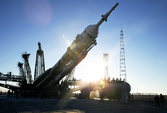 The Soyuz FG rocket booster is positioned on the launch pad on Tuesday.   Yonhap News