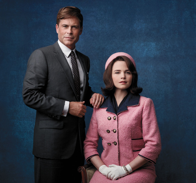 This image released by National Geographic Channel shows Rob Lowe as President John F. Kennedy (left) and Ginnifer Goodwin as Jackie Kennedy in “Killing Kennedy.”   AP