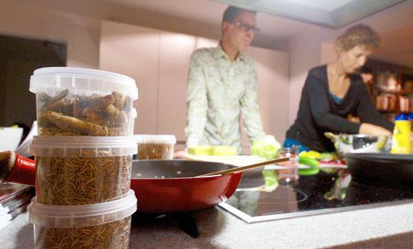 Students cooking next to mealworms and grasshoppers lyophilized and ready for cooking, in Sittard, the Netherlands, during a cooking workshop dedicated to the use of insects in modern cooking.   AFP