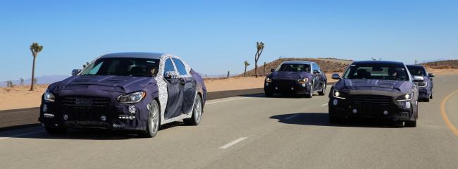 Late-stage versions of the new Genesis drive along the winding road at Hyundai Motor’s proving ground in the Mojave Desert in California on Thursday.   Hyundai Motor